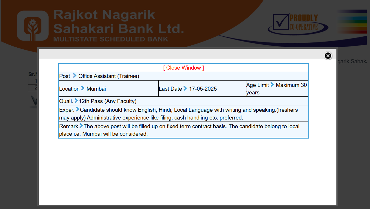 Rajkot Nagarik Sahakari Bank limited recruitment Office Assistant Trainee Posts 2025.png